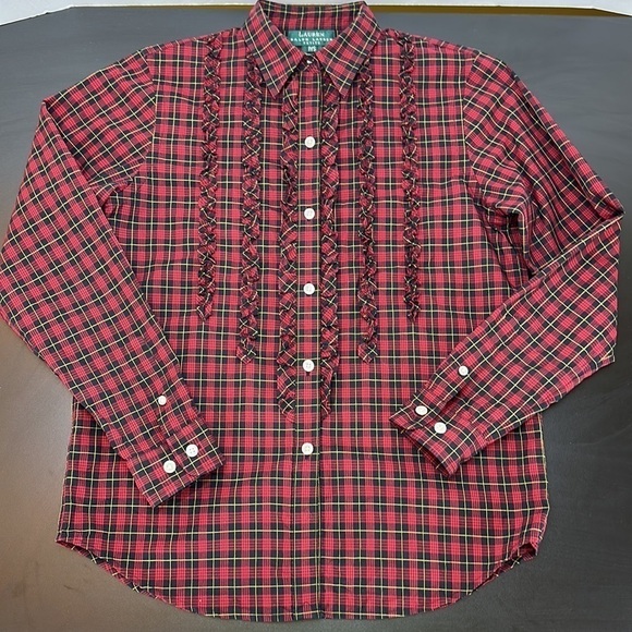 Lauren Ralph Lauren Red Black Plaid Button Front Ruffle Shirt Sz PS 90’s Vtg - Picture 12 of 12